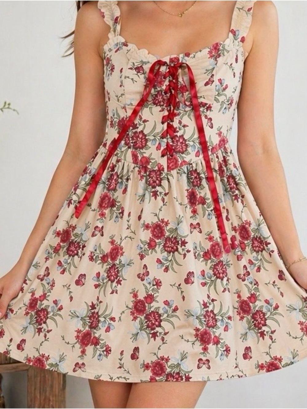 Floral Ruffle Tie-Front Sundress in Cream and Red